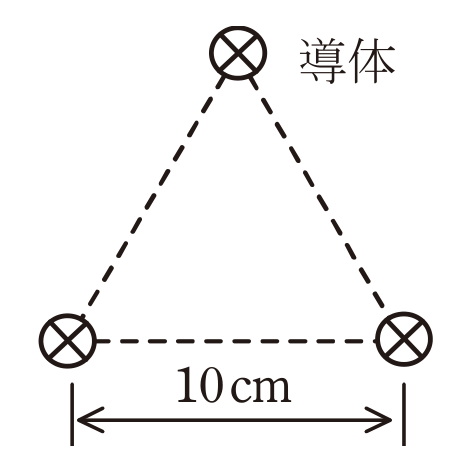 図　10cm間隔の正三角形の頂点に置いた3本の直線導体（同方向電流）（問題図）