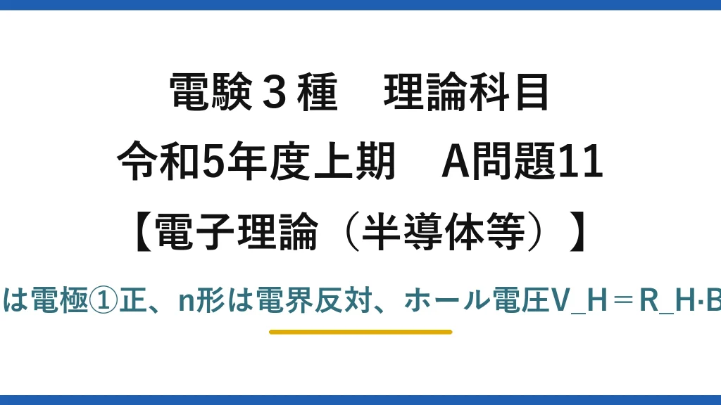 電験3種 理論科目【電磁気（半導体等）】令和5年度上期 A問題11 p形は電極①正、n形は電界反対、ホール電圧V_H＝R_H·BI/d