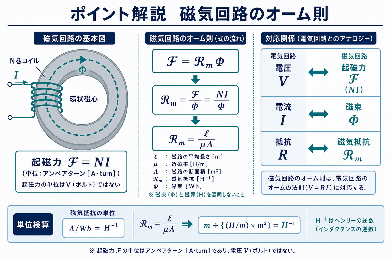 コイルの起磁力NIが環状磁心に磁束Φを生じさせる磁気回路と磁気抵抗の定義及び単位を示す図