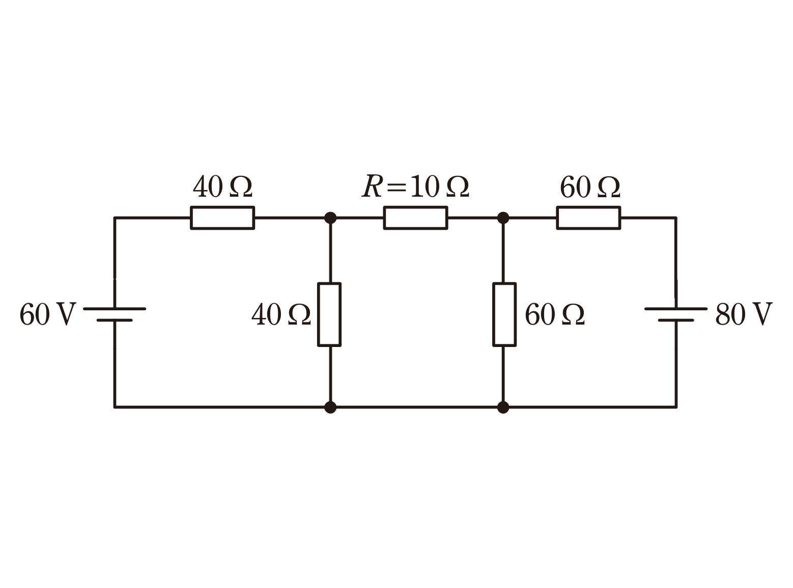 図　2電源（60V・80V）と抵抗（40Ω・R=10Ω・60Ω・40Ω・60Ω）の回路（問題図）