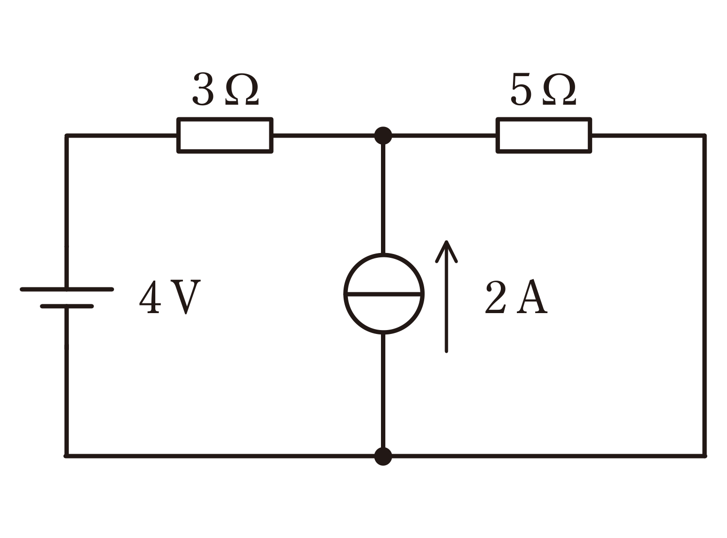 図　4Vの電圧源と2Aの電流源、3Ω・5Ωの抵抗からなる直流回路（問題図）