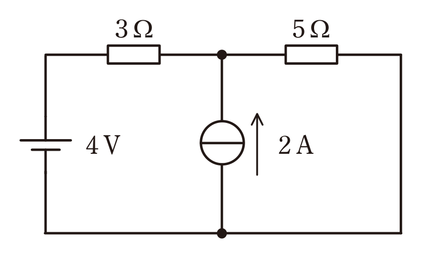 図　4Vの電圧源と2Aの電流源、3Ω・5Ωの抵抗からなる直流回路（問題図）