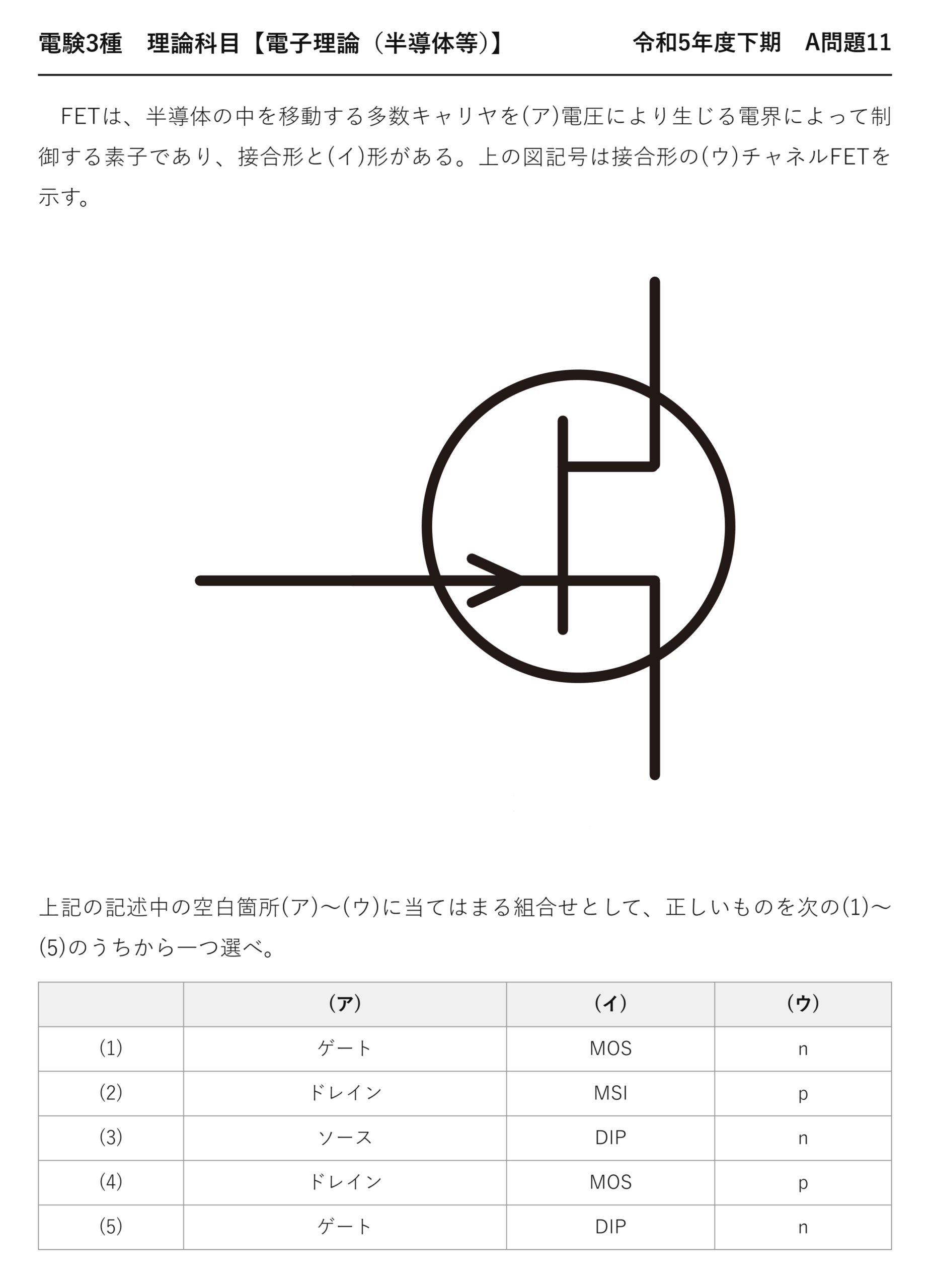 電験3種 理論科目 半導体等 令和5年度下期 A問題11 問題文