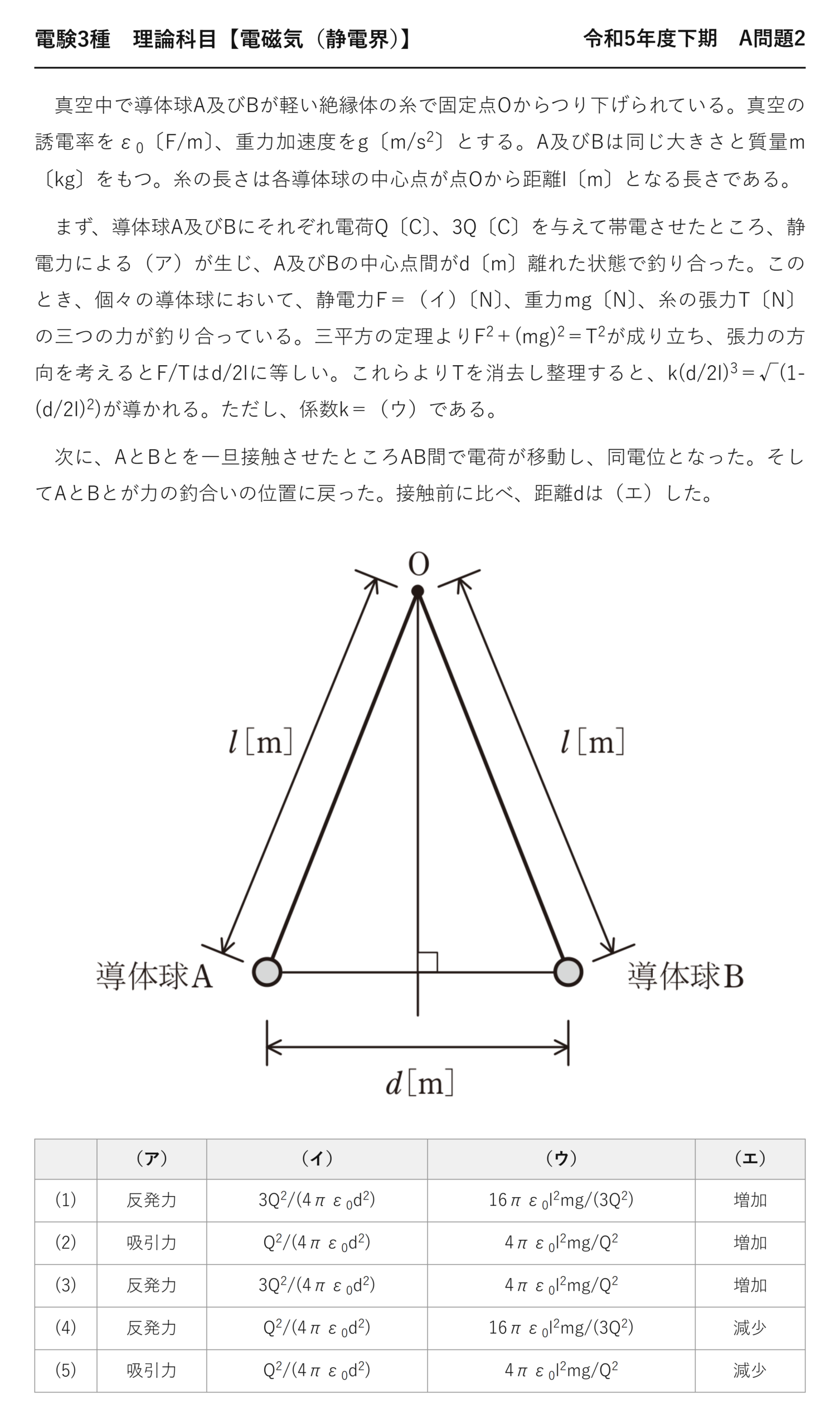 電験3種 理論科目 静電界 令和5年度下期 A問題2 問題文