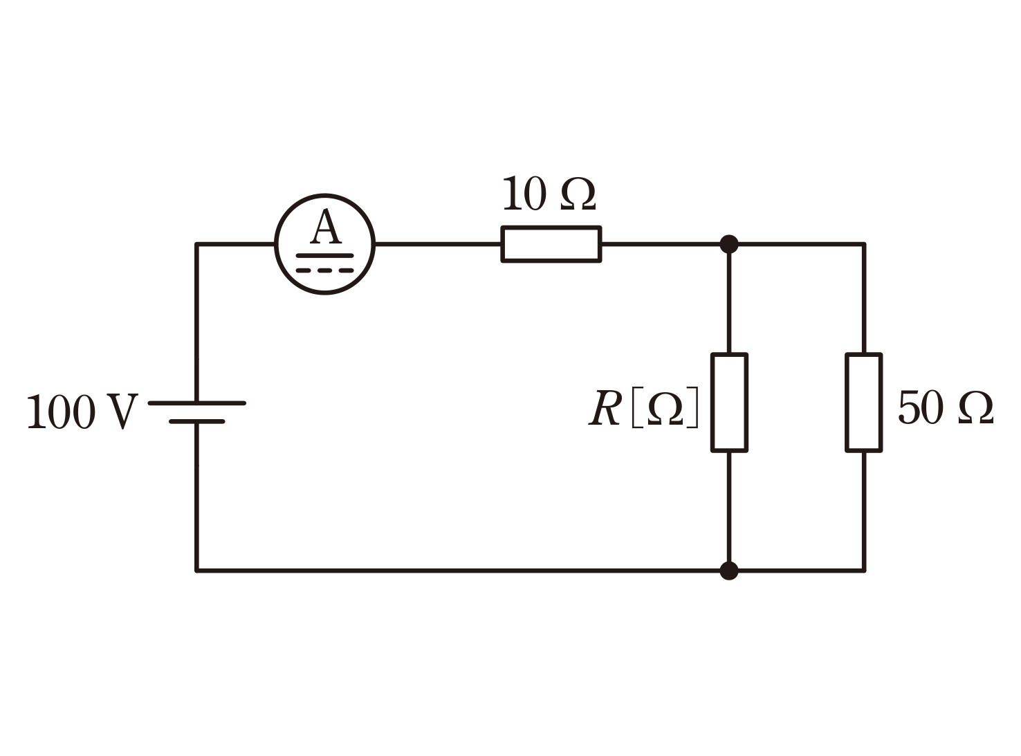 図　100V電源・電流計・10Ω・R・50Ωからなる直流回路（問題図）