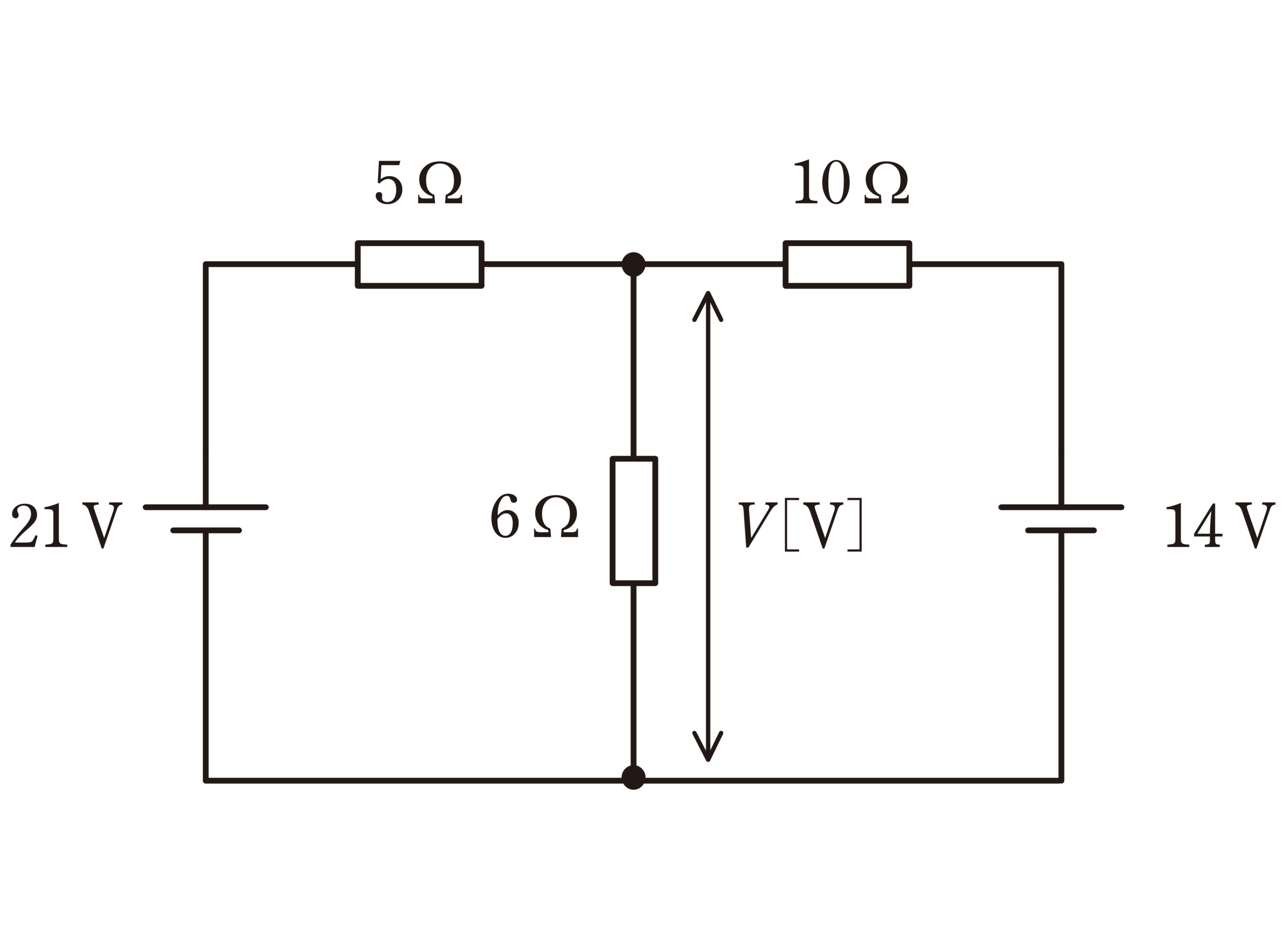図 2電源(21V・14V)と抵抗(5Ω・6Ω・10Ω)からなる直流回路(問題図)