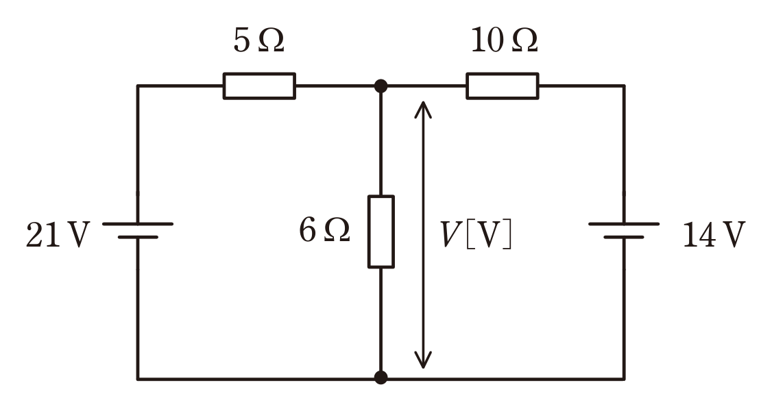 図　2電源（21V・14V）と抵抗（5Ω・6Ω・10Ω）からなる直流回路（問題図）