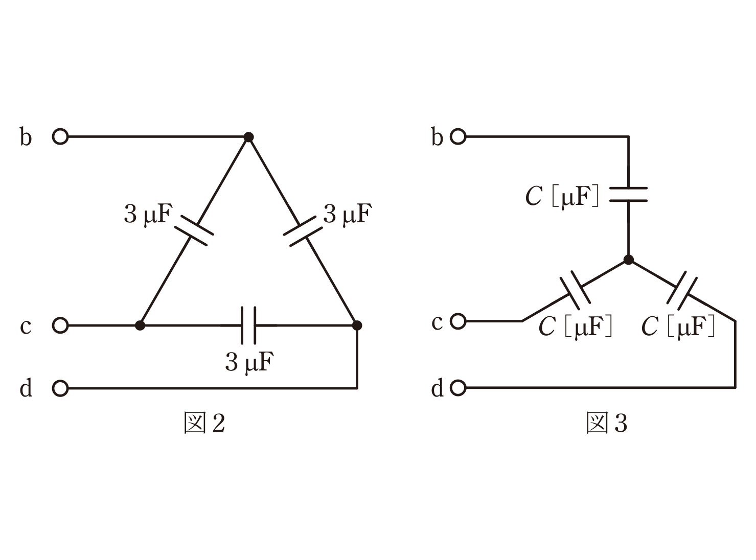 図2　b-c-d間のΔ結線／図3　等価なY結線（問題図）
