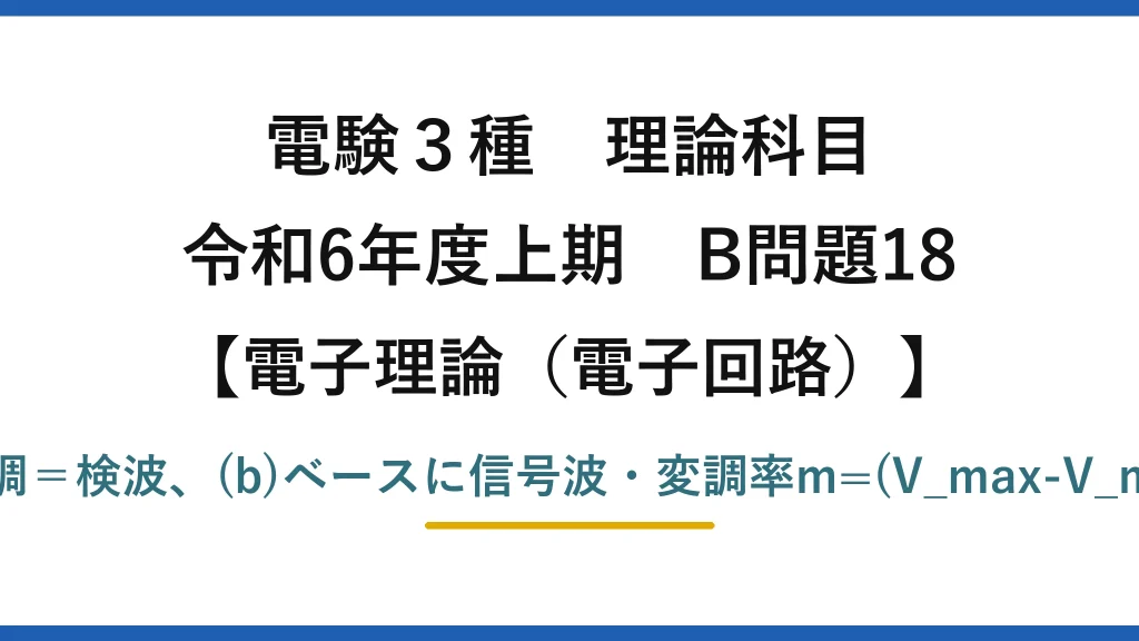 電験3種 理論科目【電磁気（電子回路）】令和6年度上期 B問題18 (a)搬送波は高い正弦波・復調＝検波、(b)ベースに信号波・変調率m=(V_max-V_min)/(V_max+V_min)=33%