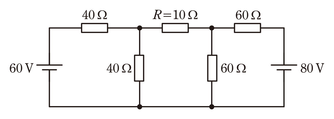 図　2電源（60V・80V）と抵抗（40Ω・R=10Ω・60Ω・40Ω・60Ω）の回路（問題図）