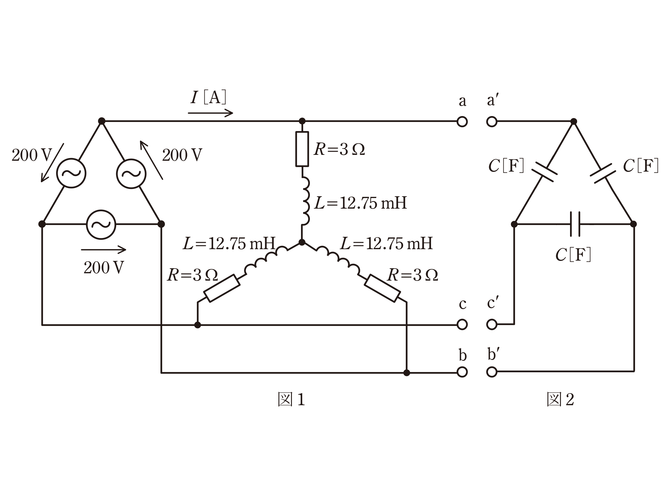 図1　Δ電源とY結線R-L負荷／図2　Δ結線コンデンサ（問題図）