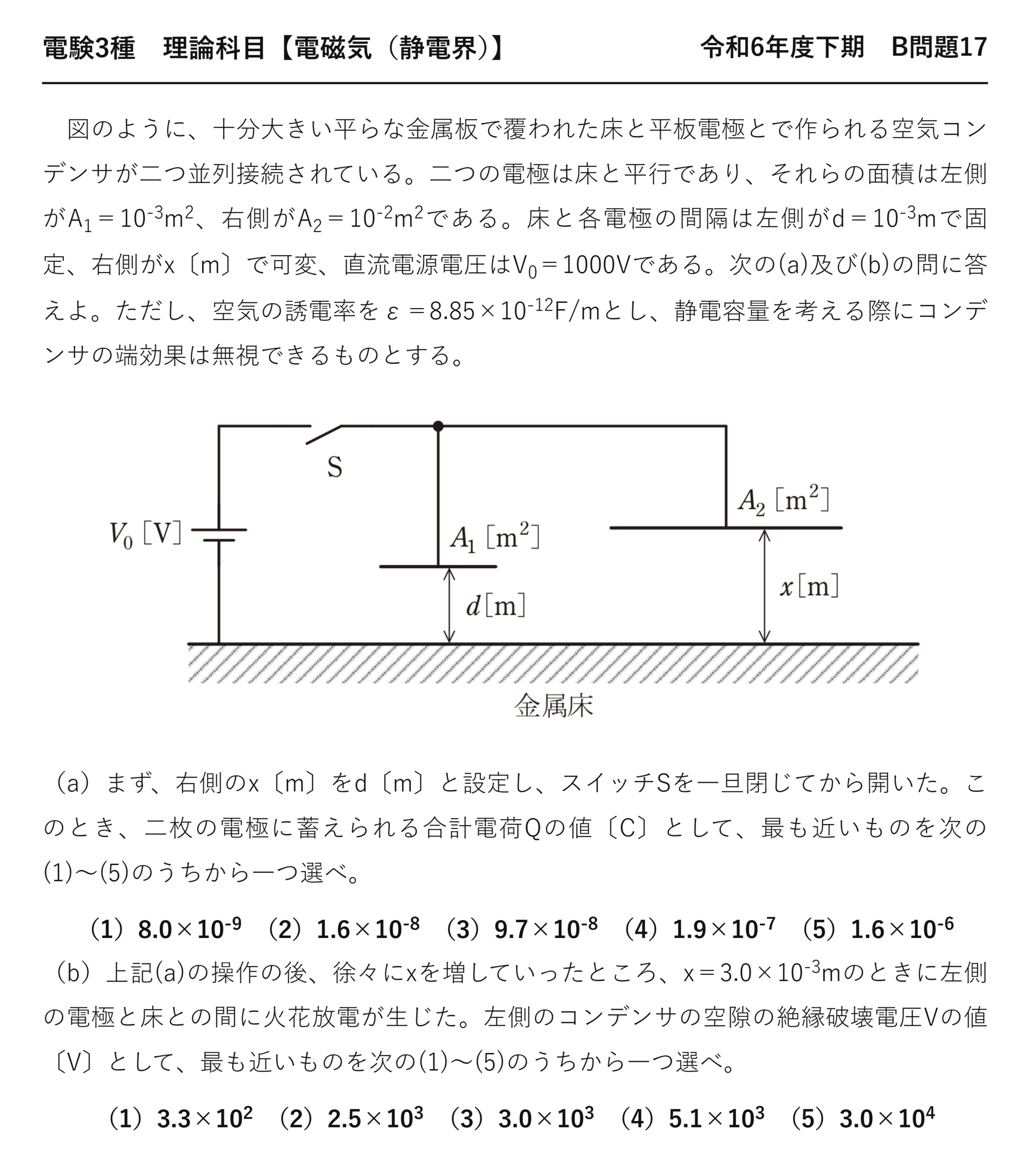電験3種 理論科目 静電界 令和6年度下期 B問題17 問題文