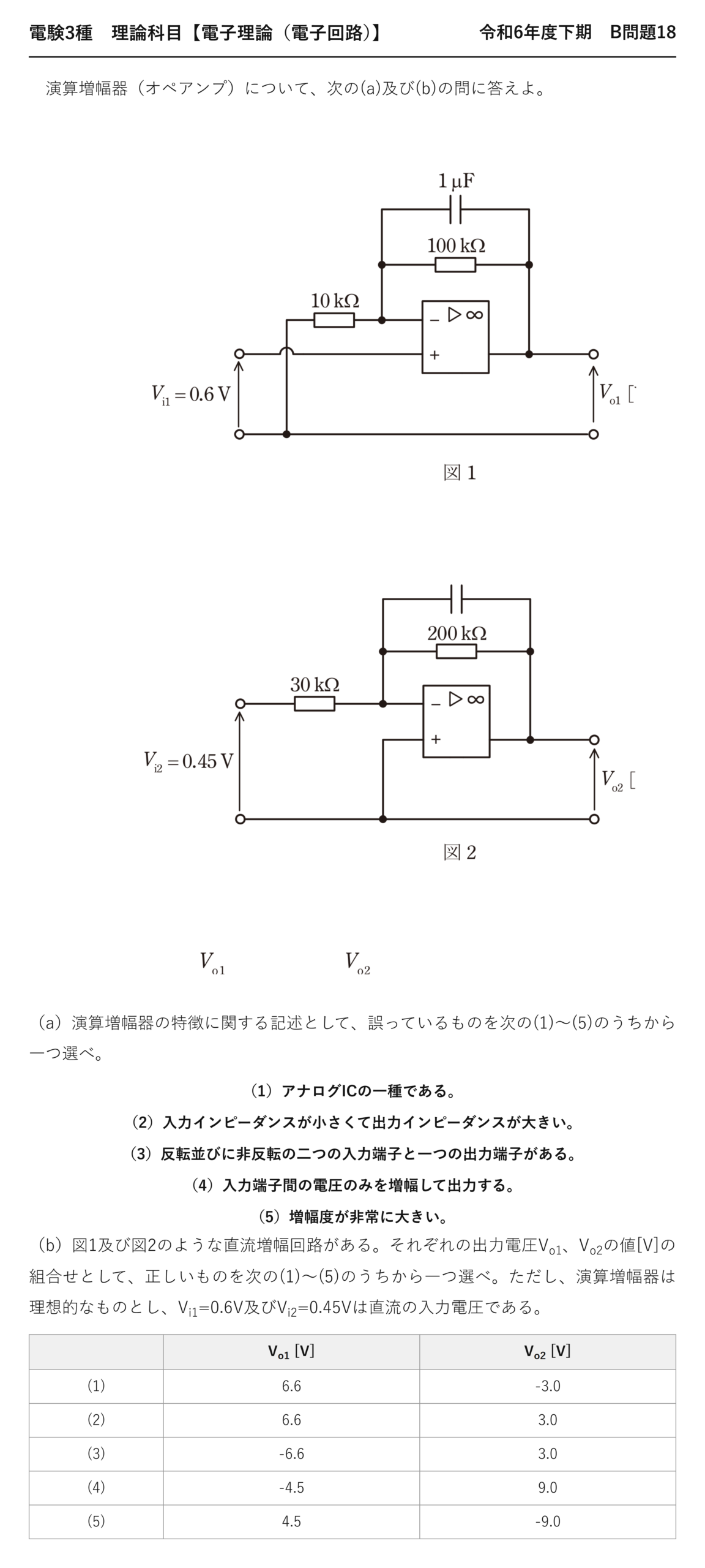 電験3種 理論科目 電子回路 令和6年度下期 B問題18 問題文