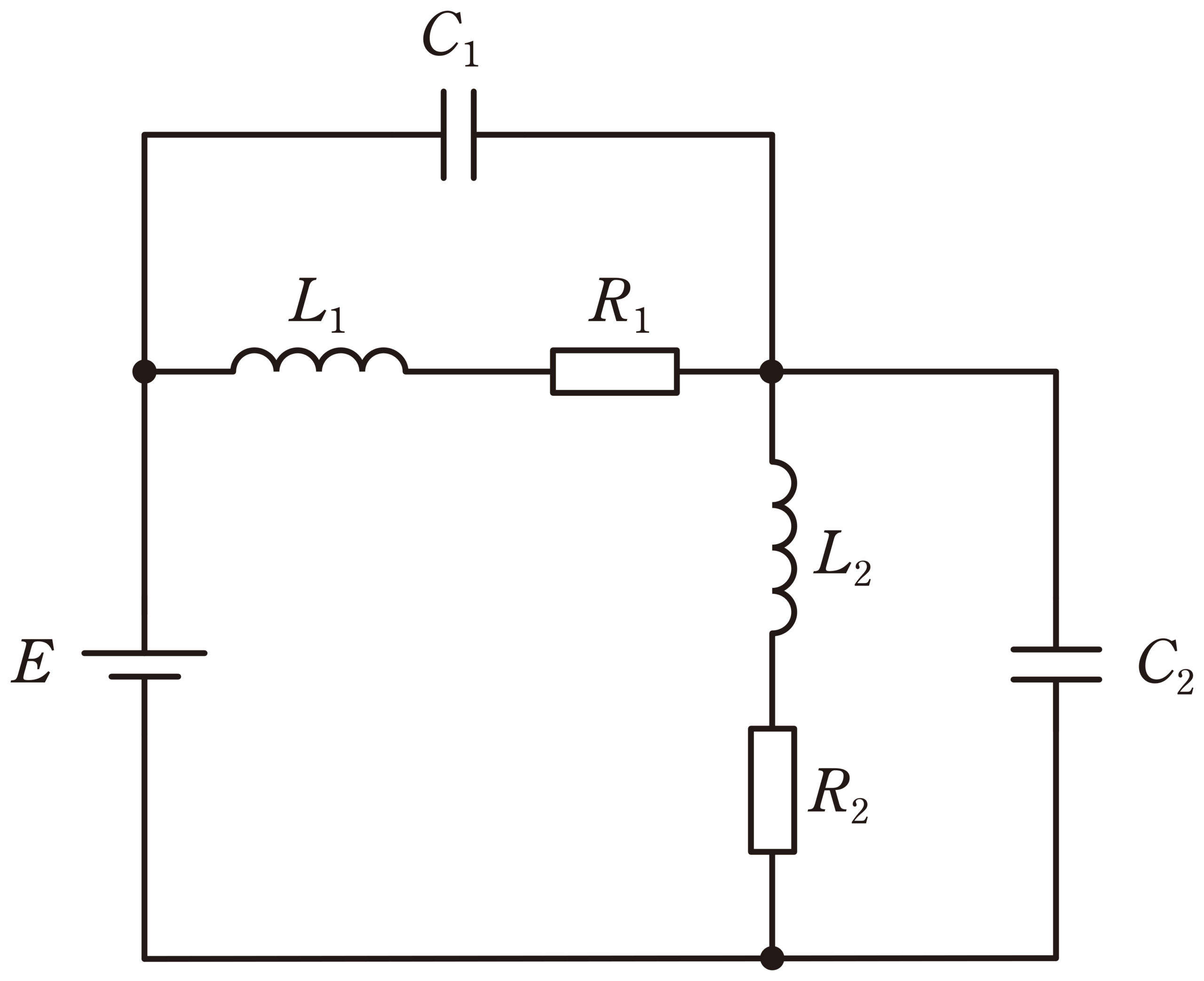 図 E電源とR₁L₁C₁・R₂L₂C₂の直並列回路(問題図)