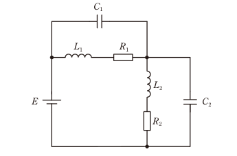 図　E電源とR₁L₁C₁・R₂L₂C₂の直並列回路（問題図）