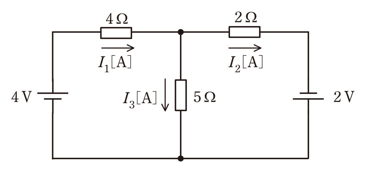 図　2つの直流電源（4V・2V）と3つの抵抗（4Ω・2Ω・5Ω）からなる回路（問題図）