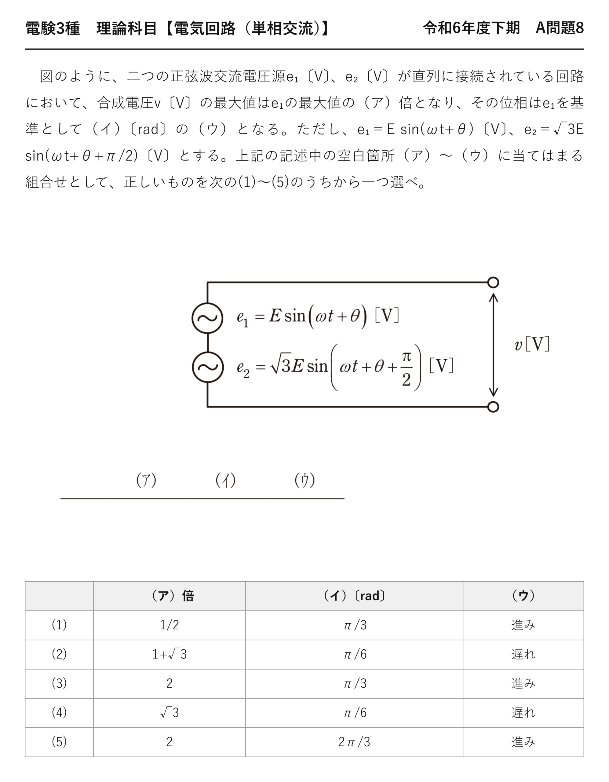 電験3種 理論科目 単相交流 令和6年度下期 A問題8 問題文