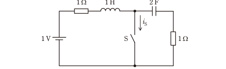 図　1V電源・1Ω・1H・2F・1Ωとスイッチの回路（問題図）