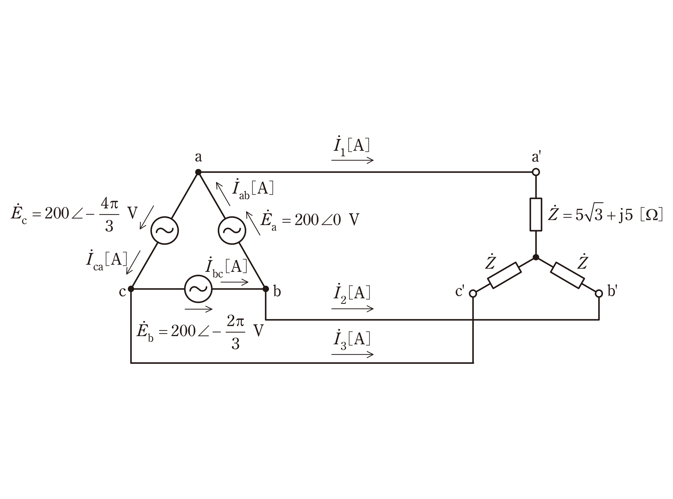 図 Δ結線電源とY結線負荷Ż(問題図)