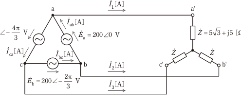 図　Δ結線電源とY結線負荷Ż（問題図）