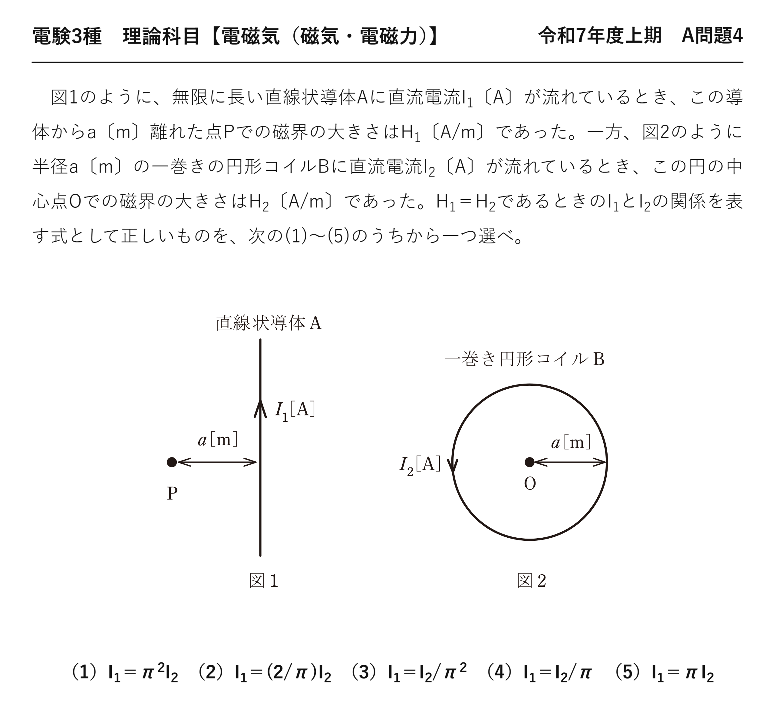 電験3種 理論科目 磁気・電磁力 令和7年度上期 A問題4 問題文