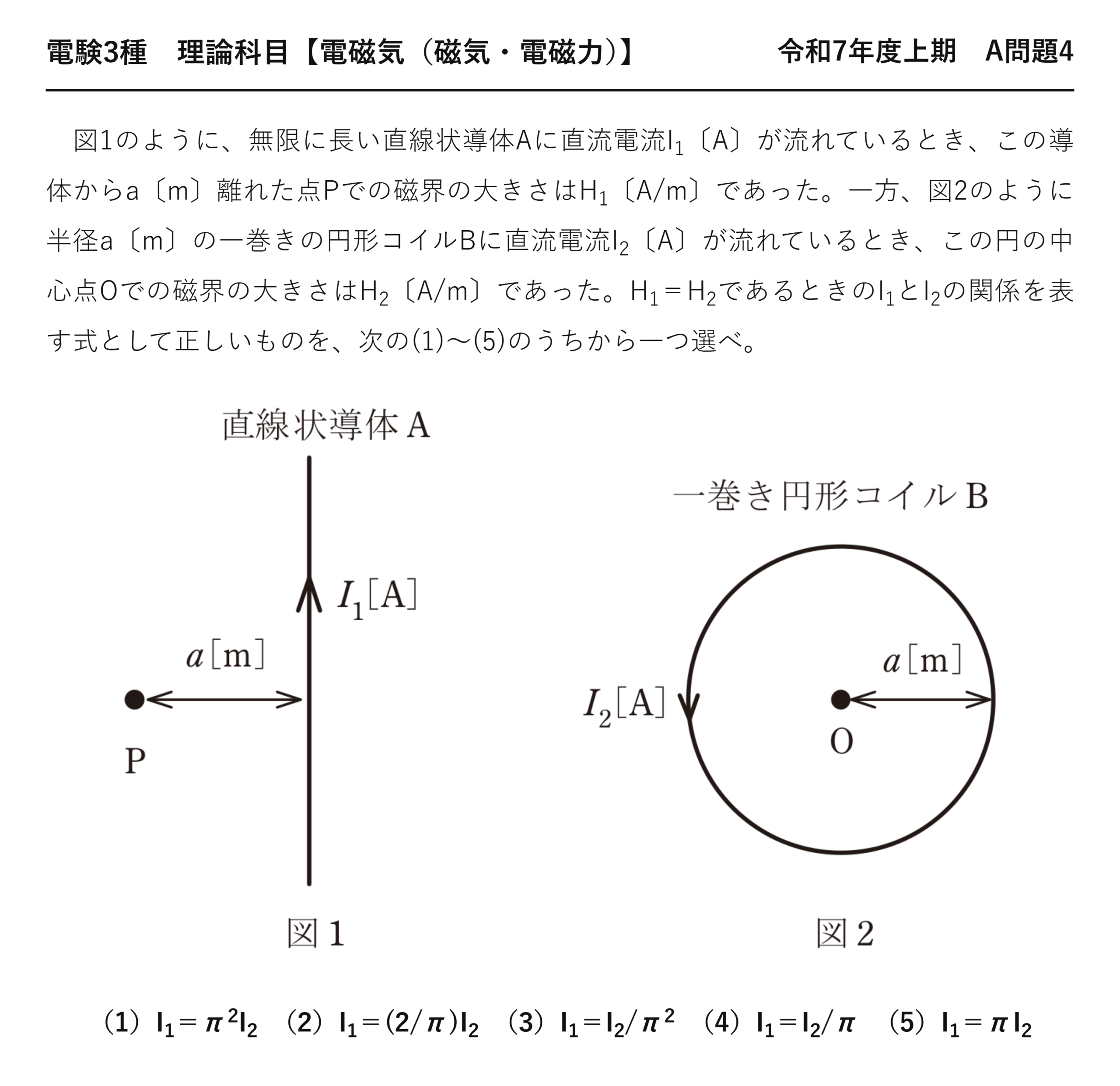 電験3種 理論科目 磁気・電磁力 令和7年度上期 A問題4 問題文