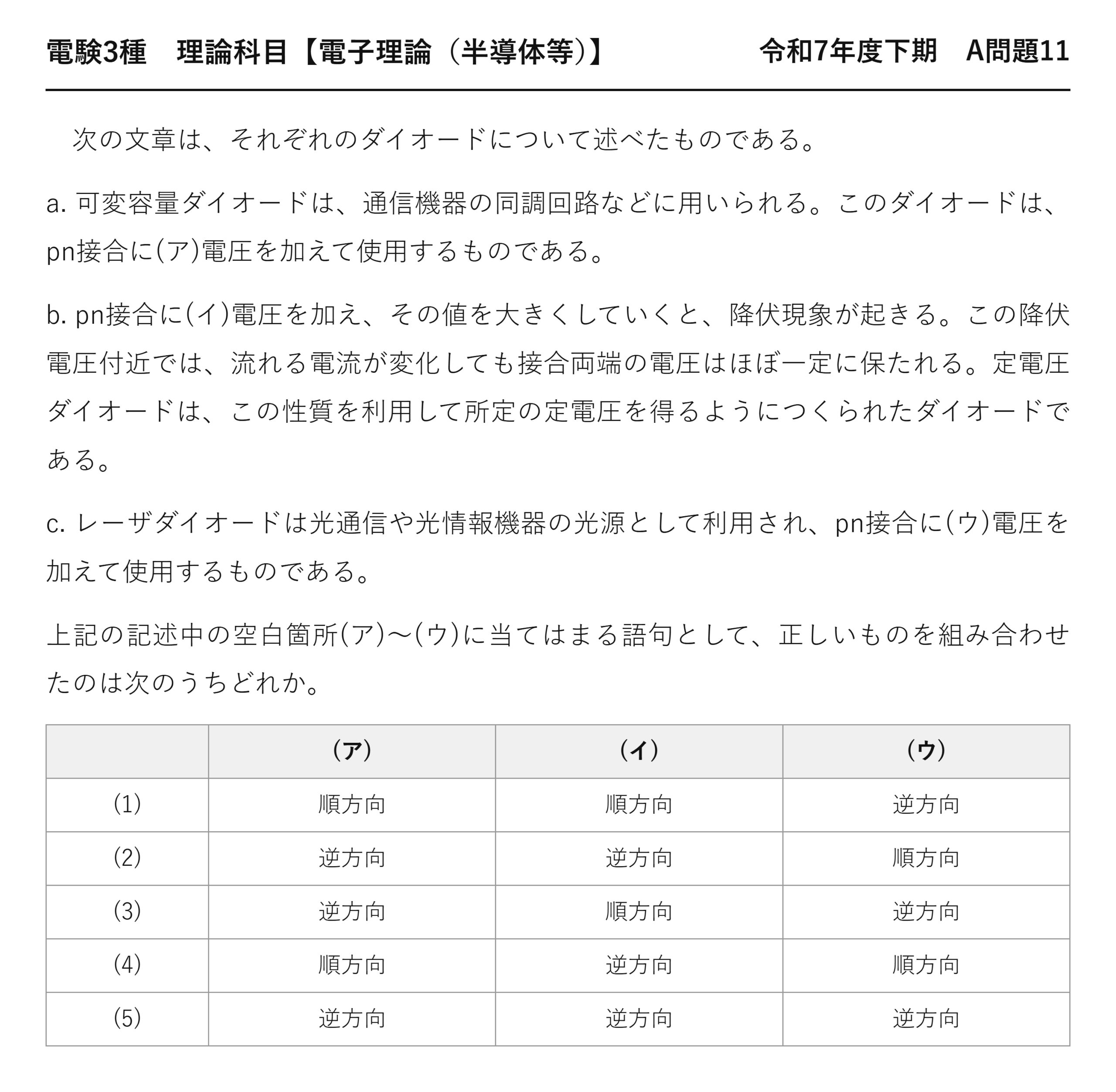電験3種 理論科目 半導体等 令和7年度下期 A問題11 問題文