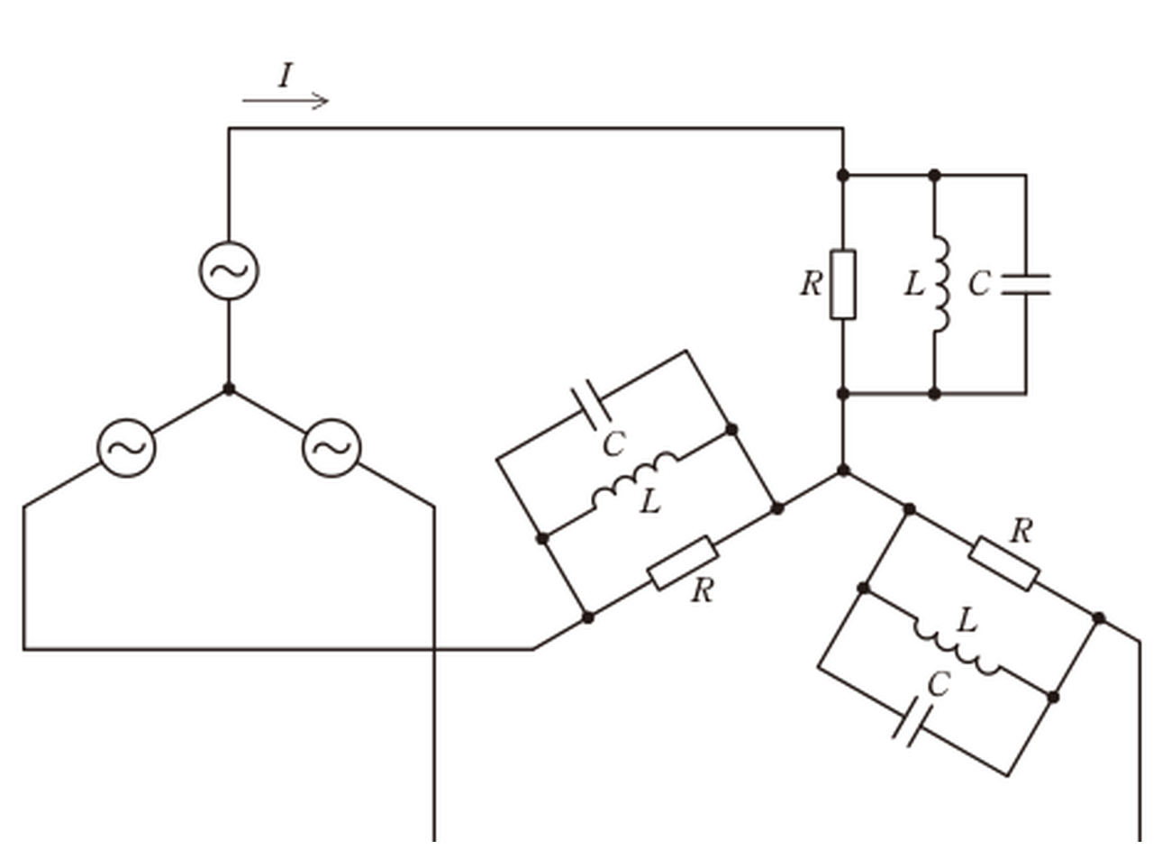 図　対称三相電源とY接続のR∥L∥C負荷（問題図）