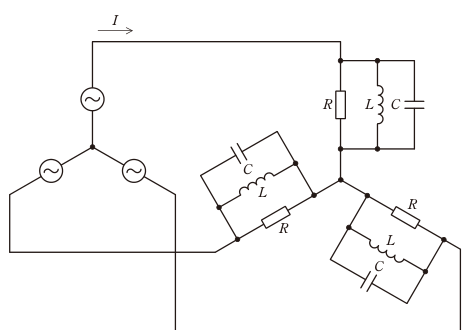 図　対称三相電源とY接続のR∥L∥C負荷（問題図）
