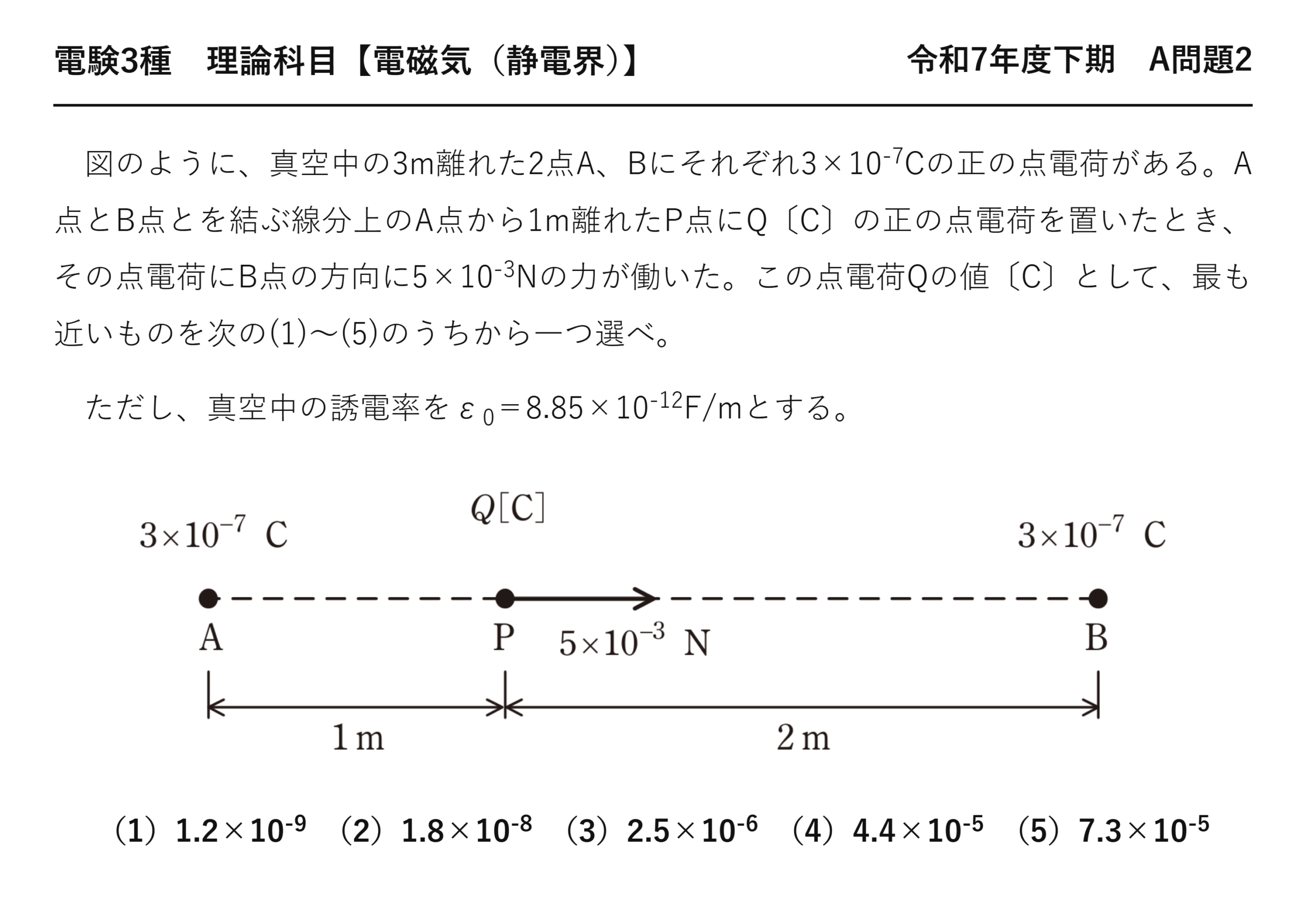 電験3種 理論科目 静電界 令和7年度下期 A問題2 問題文
