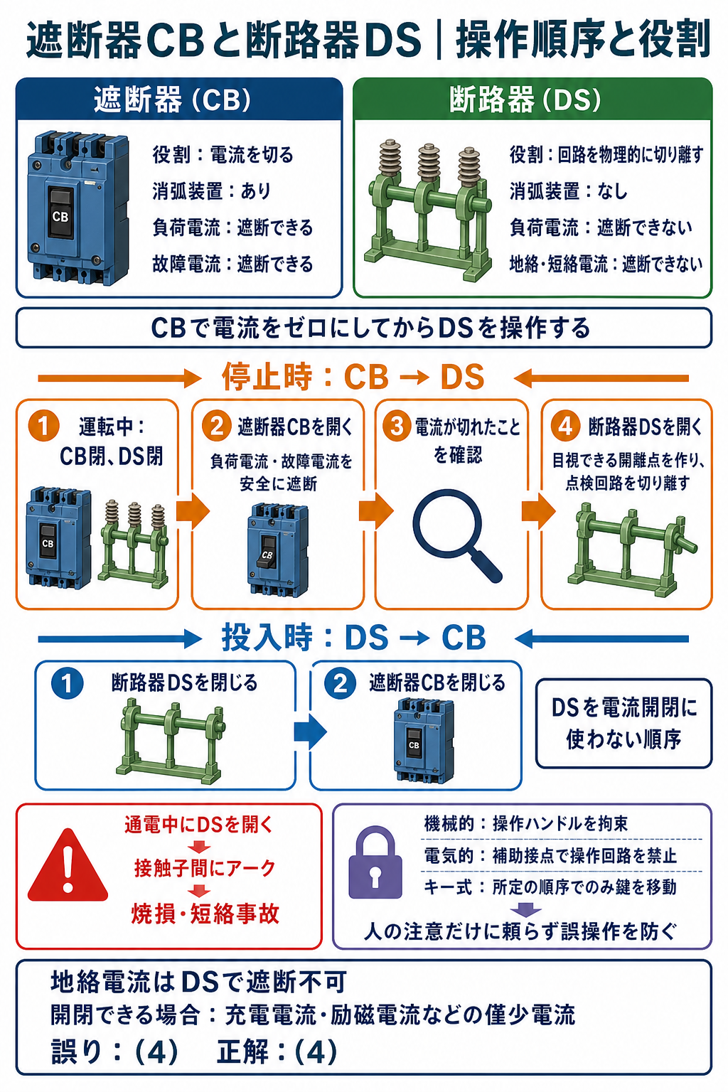 遮断器CBと断路器DSの役割、停止時と投入時の操作順序、アーク事故とインタロックを示す図