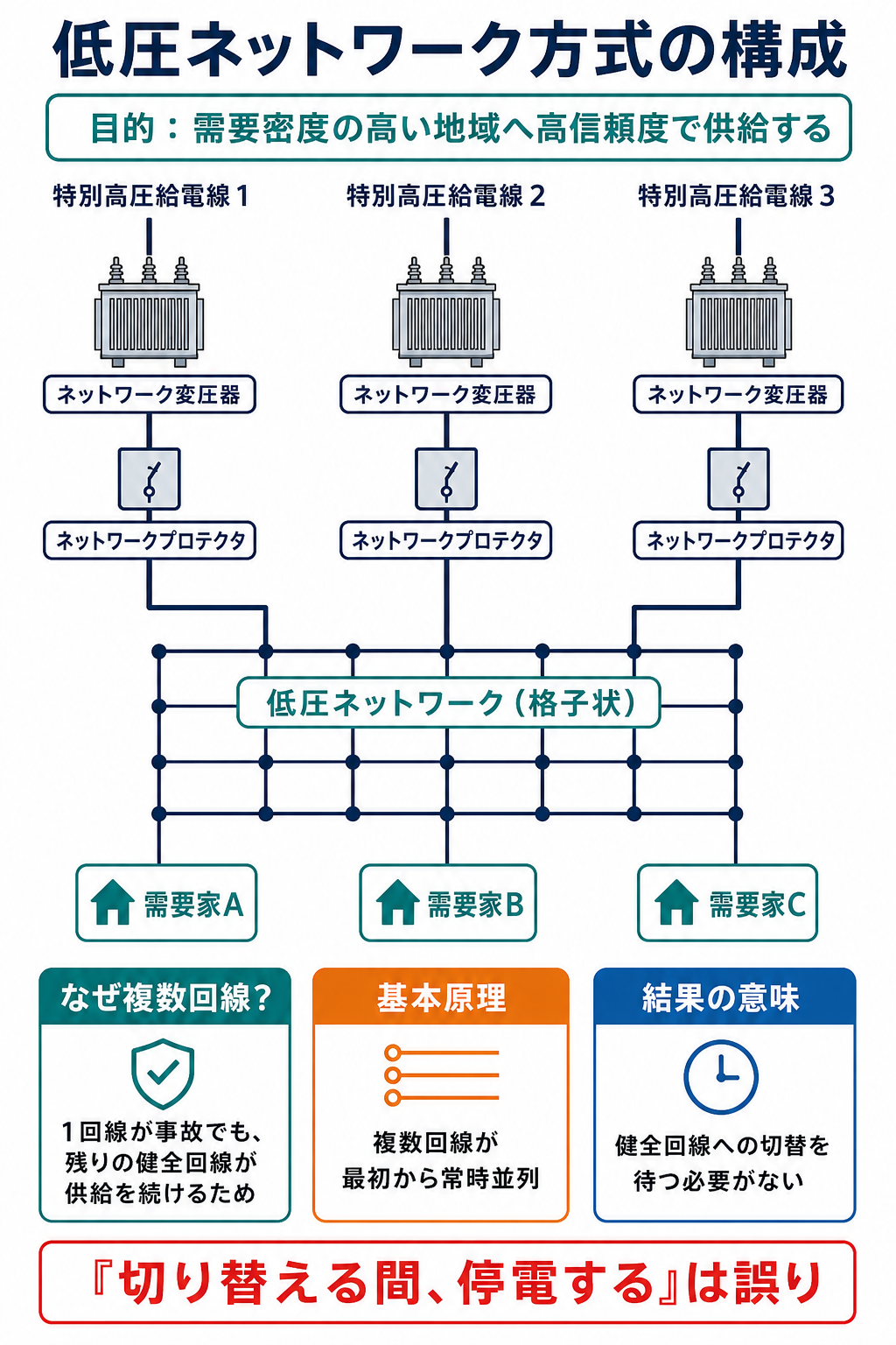 複数の特別高圧給電線が変圧器とプロテクタを介して低圧格子へ常時並列給電する解説