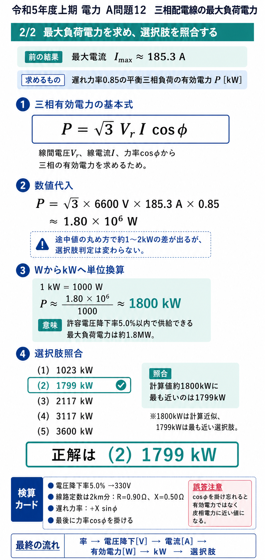 三相有効電力式へ6600V、185.3A、力率0.85を代入し、約1800kWから選択肢2の1799kWを選ぶ解説