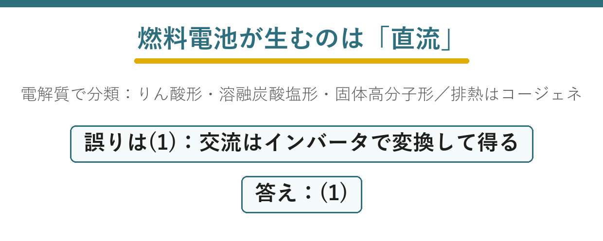 燃料電池が直流を発生することと5つの記述を判定する問題の要点図