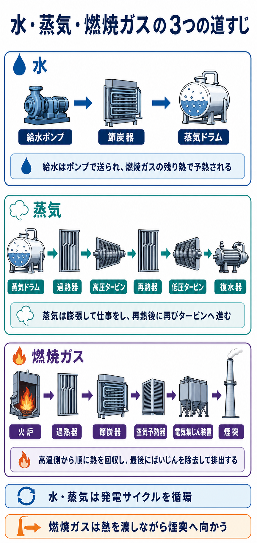 給水ポンプから蒸気ドラムまでの水とタービンを通る蒸気および火炉から煙突までの燃焼ガスの経路図