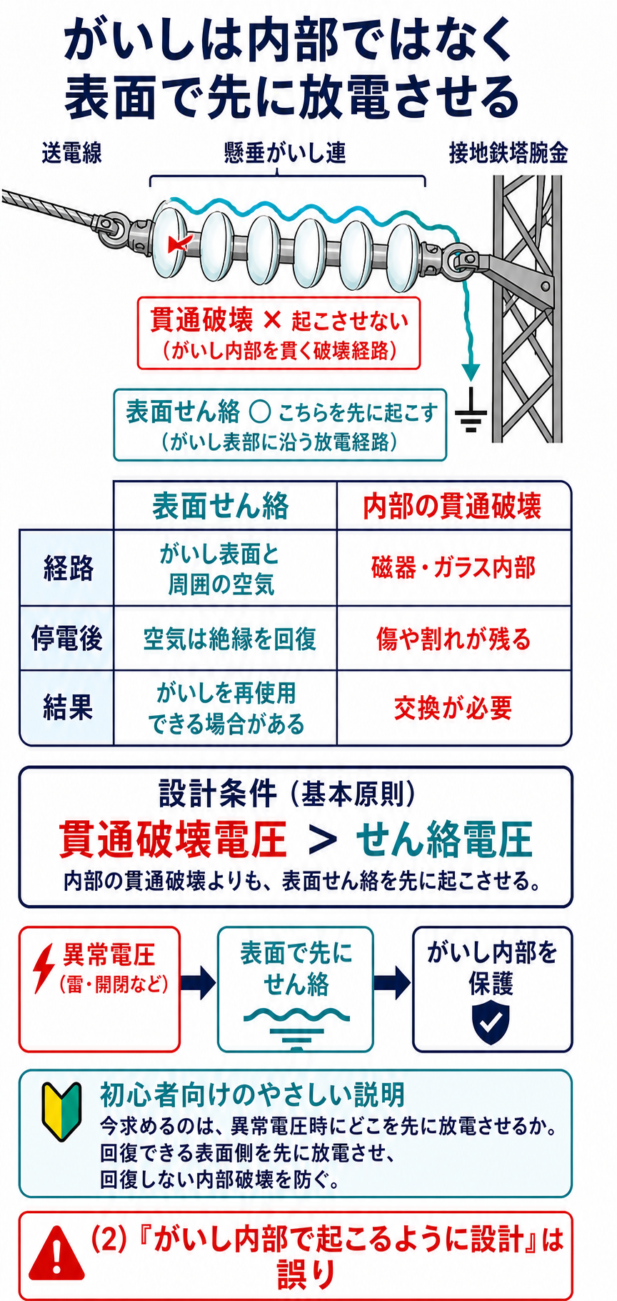 懸垂がいし連の表面せん絡経路と内部貫通破壊経路および設計条件を説明する図