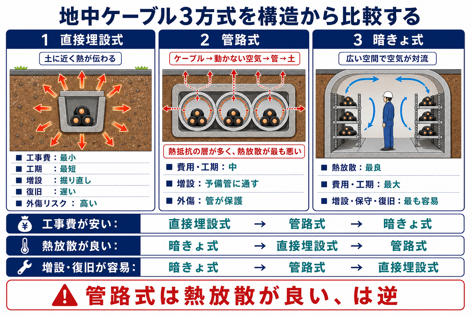 直接埋設式管路式暗きょ式の断面と熱放散費用増設復旧を比較する解説図