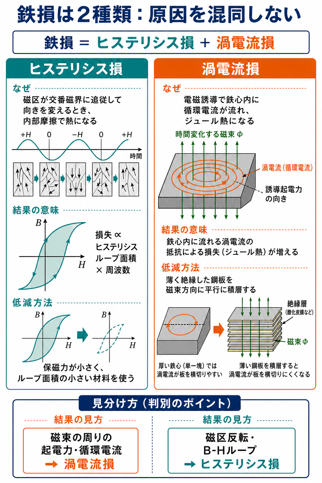 ヒステリシス損と渦電流損の原因と低減方法を磁区とB-Hループと積層鉄心で比較する解説図