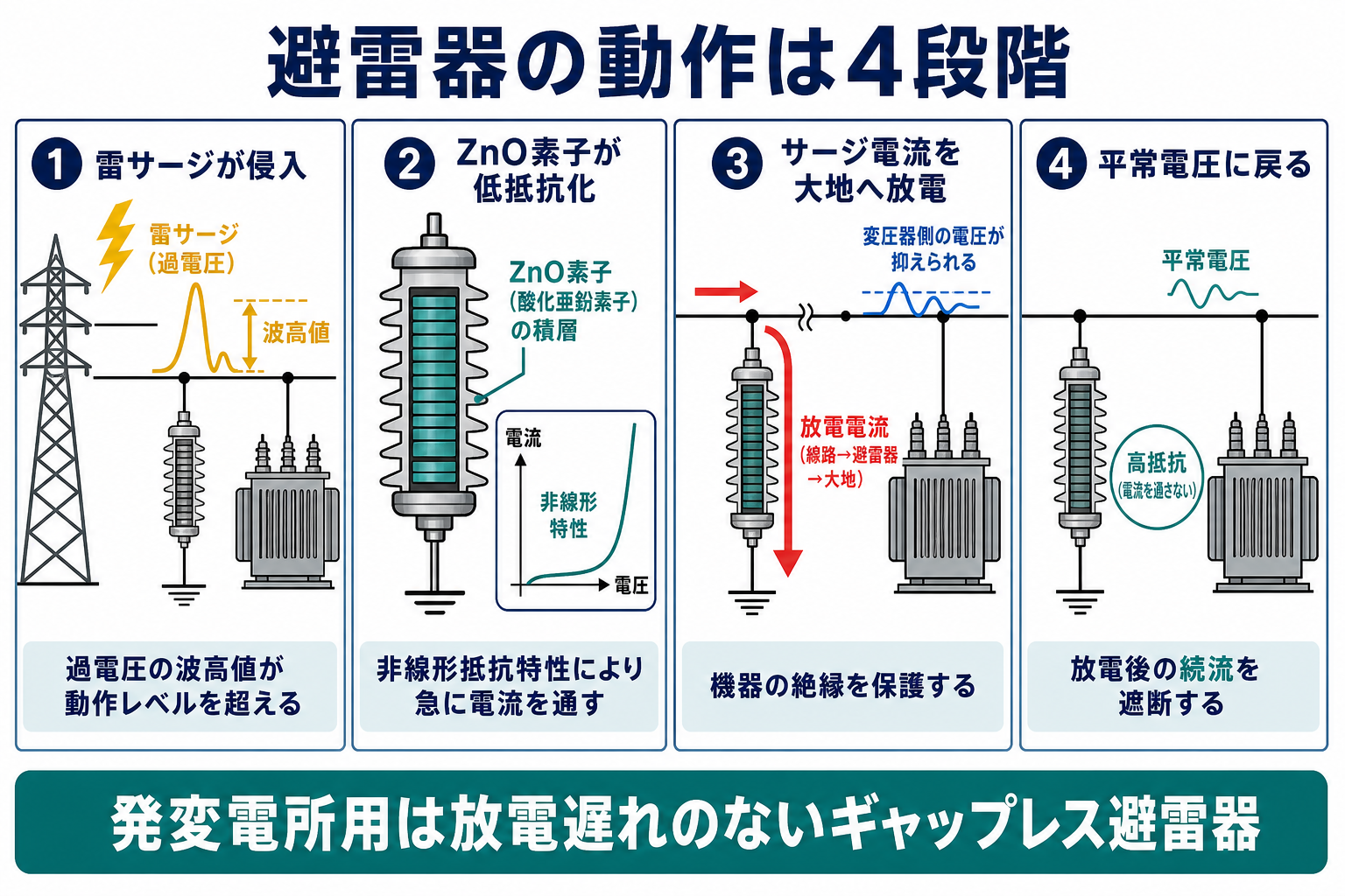 ZnO避雷器が雷サージを大地へ放電して変圧器を保護する4段階の動作図