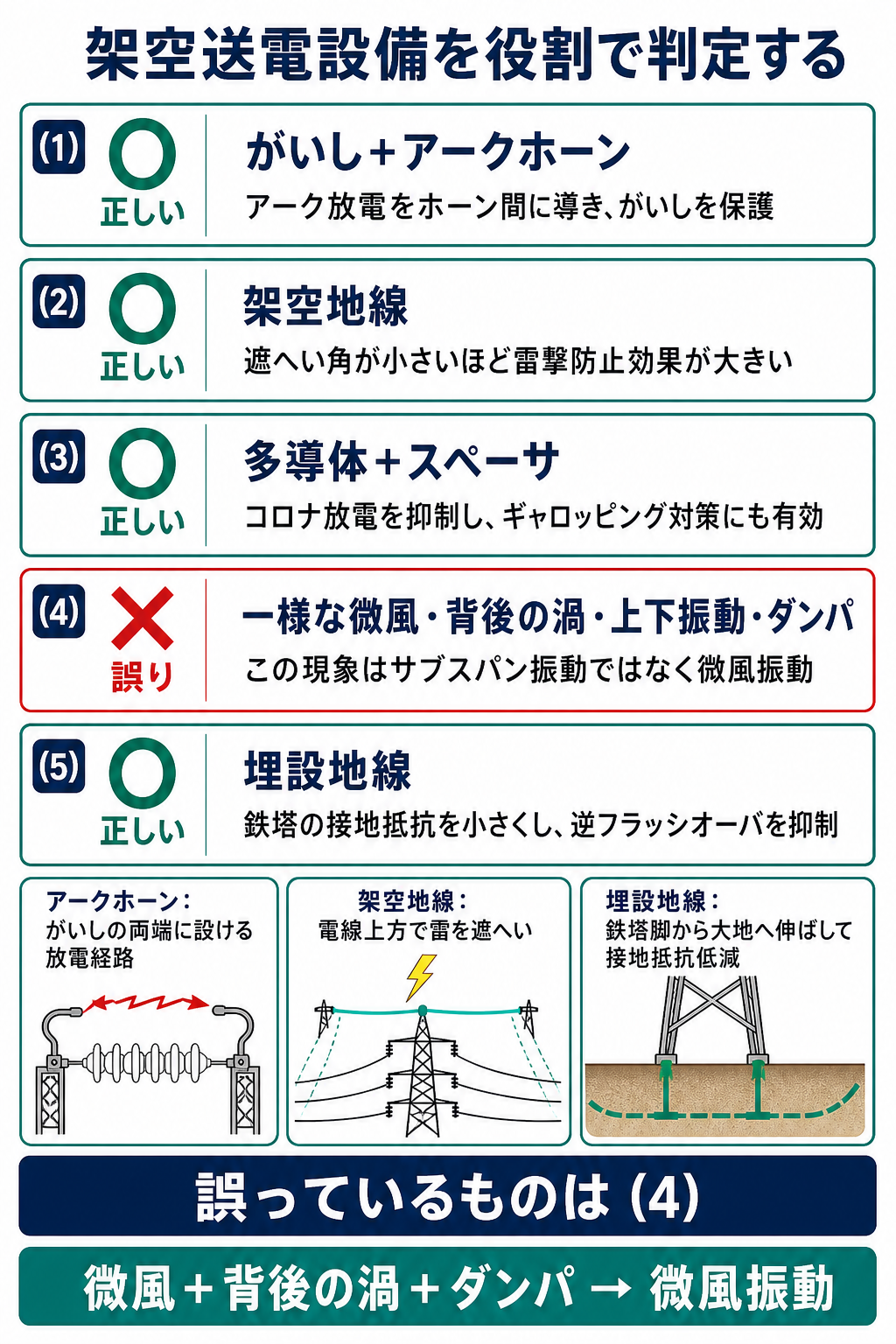 架空送電設備に関する選択肢1から5を判定して誤り4を示す解説