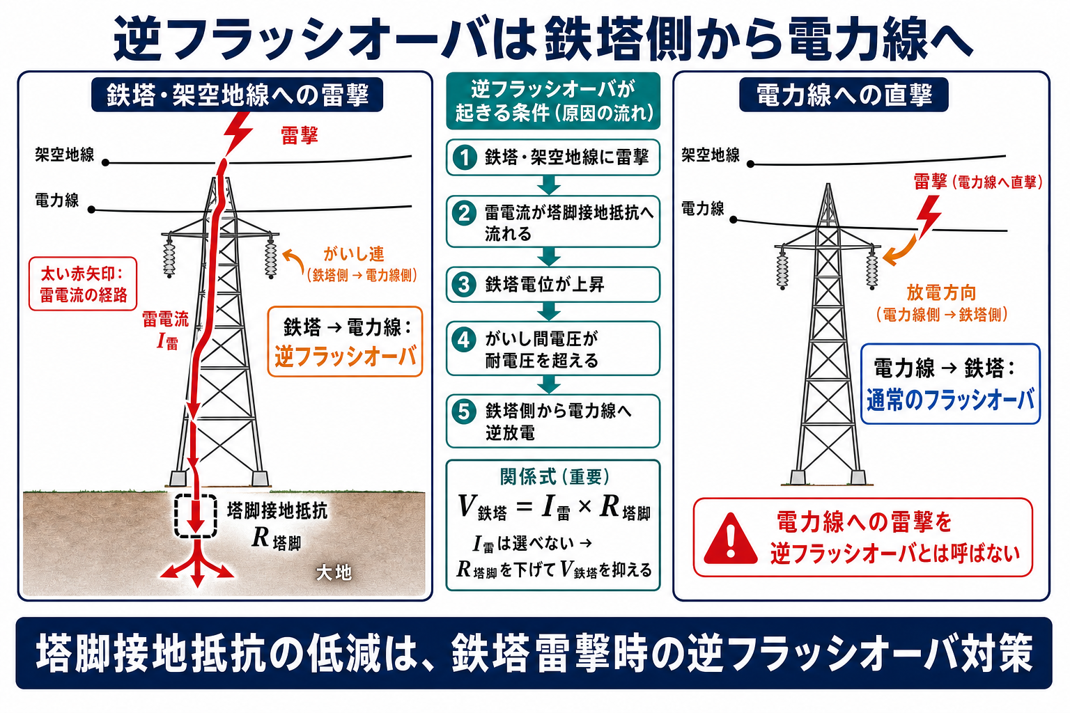 鉄塔雷撃時の雷電流経路と鉄塔から電力線への逆フラッシオーバを示す原理図