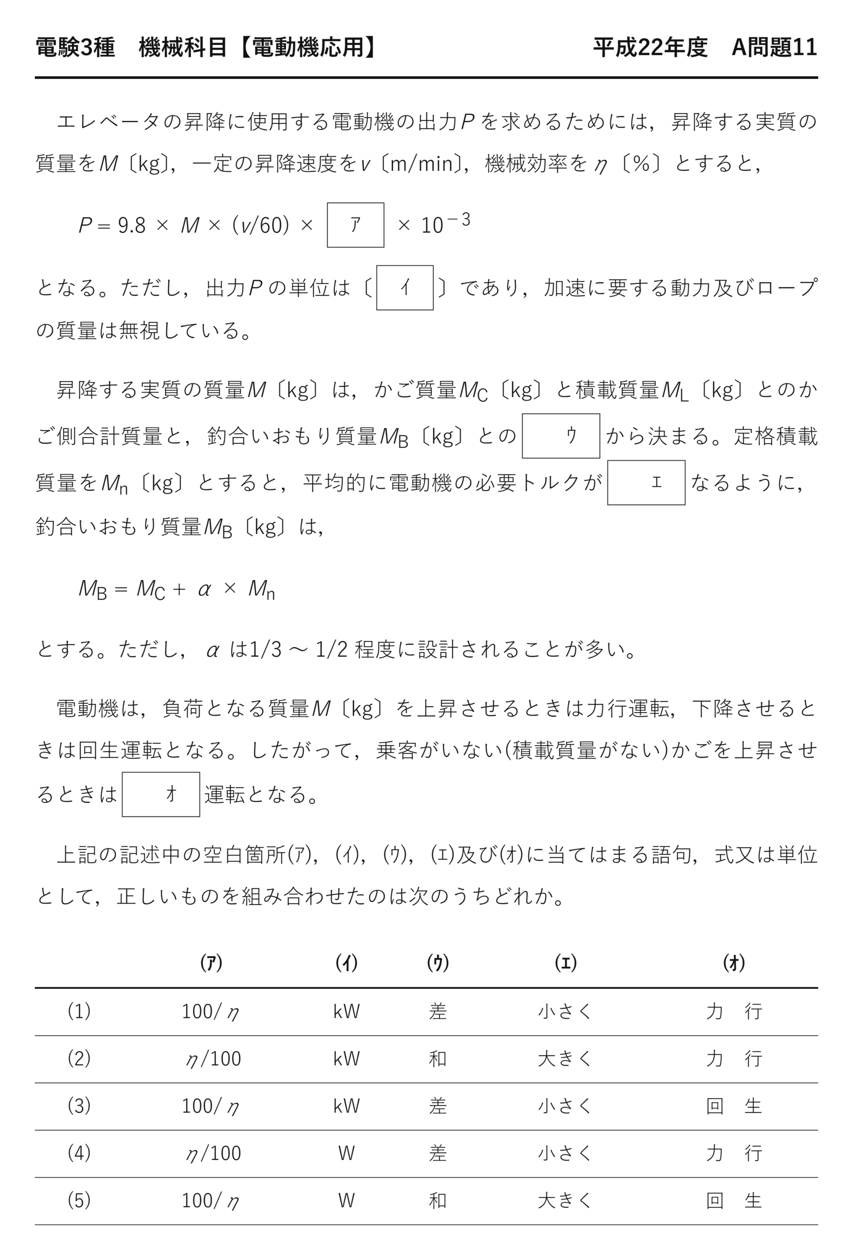 電験3種 機械科目 平成22年度 A問題11 問題文（エレベータ電動機出力の公式・釣合いおもり設計・力行/回生運転の穴埋め問題）