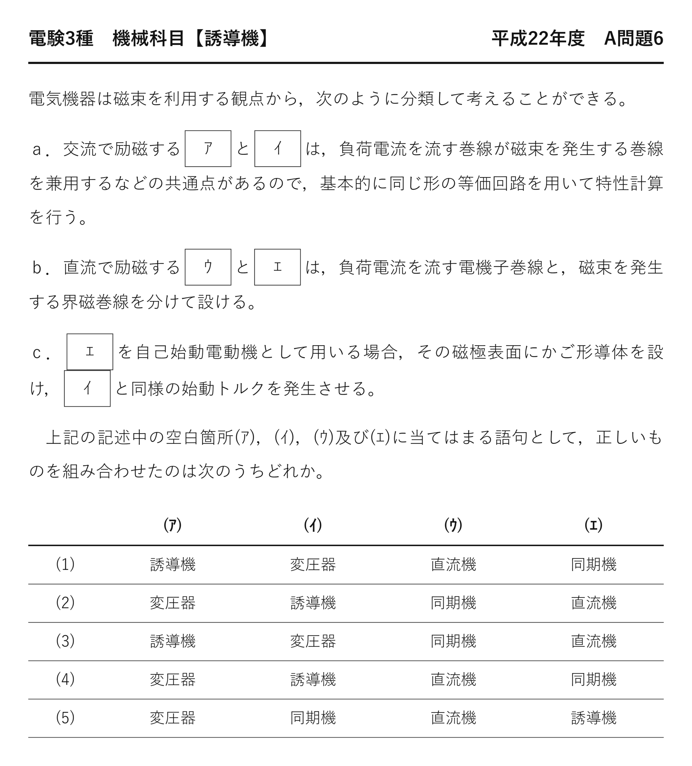 電験3種 機械科目 平成22年度 A問題6 問題文（励磁方式による機器分類とは）