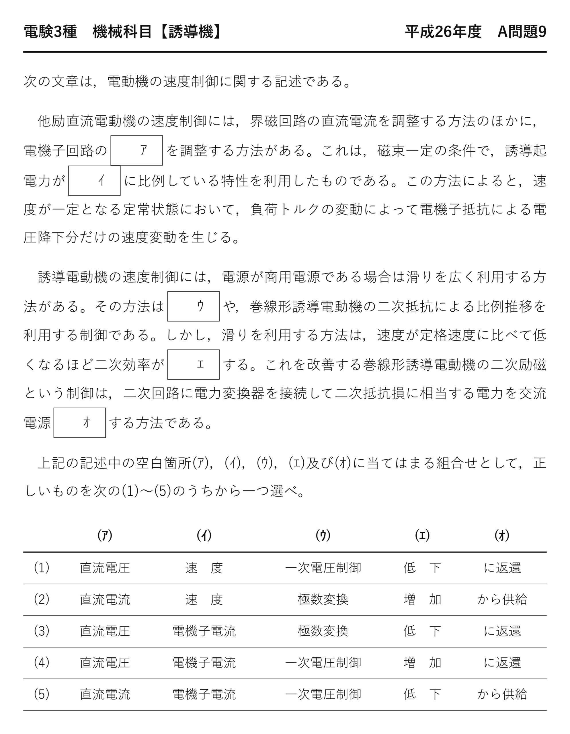 電験3種 機械科目 平成26年度 A問題9 問題文（速度制御と二次励磁とは）