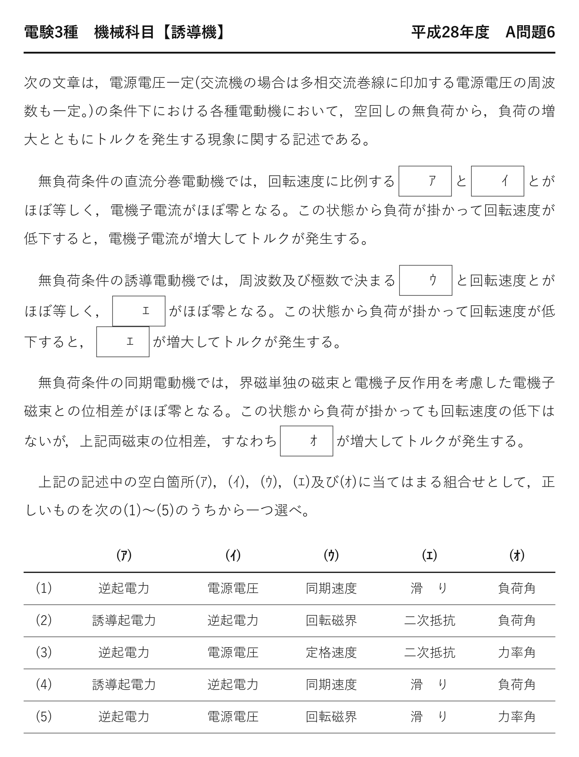 電験3種 機械科目 平成28年度 A問題6 問題文（トルク発生のメカニズムとは）