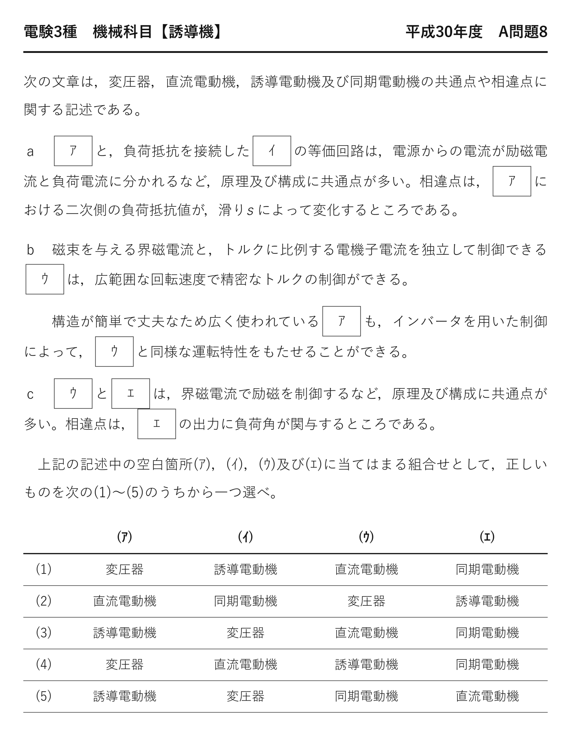 電験3種 機械科目 平成30年度 A問題8 問題文（4機器の共通点と相違点とは）