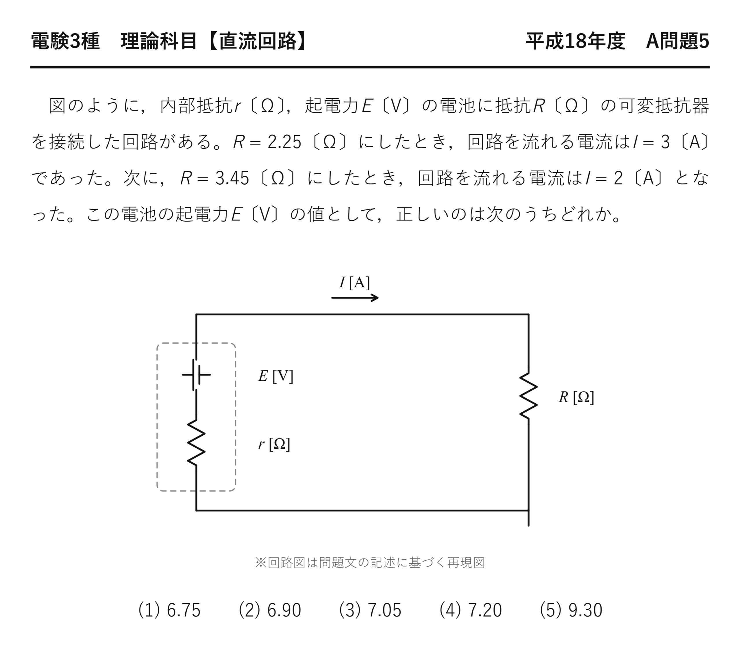 電験3種 理論科目 平成18年度 A問題5 問題文(内部抵抗を含む電池の起電力を求める)