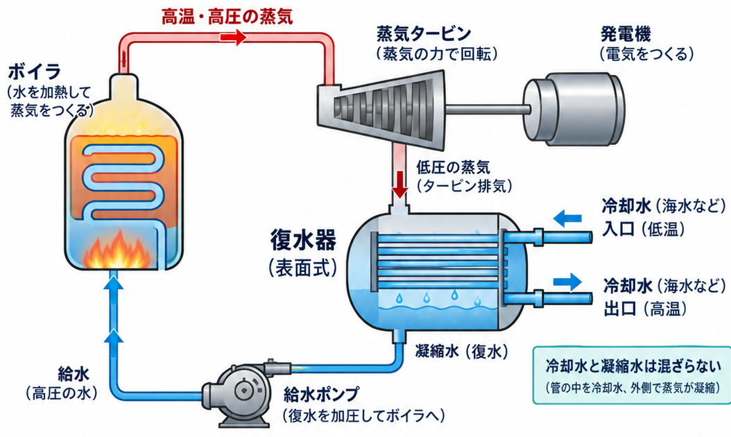 復水器の位置を示す水・蒸気の循環図。蒸気タービンの排気を水へ戻し、給水ポンプからボイラへ戻す。冷却水とは混ざらない。