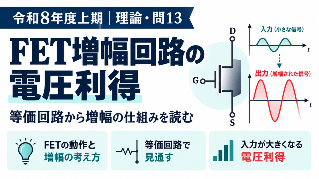令和8年度上期 電験3種 理論科目 問13。FET増幅回路の電圧利得を求めるのアイキャッチ画像