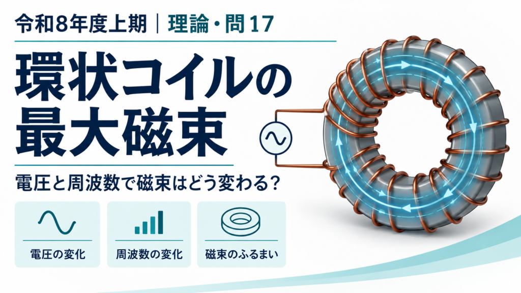 令和8年度上期 電験3種 理論科目 問17。環状コイルの最大磁束と電圧・周波数の関係のアイキャッチ画像